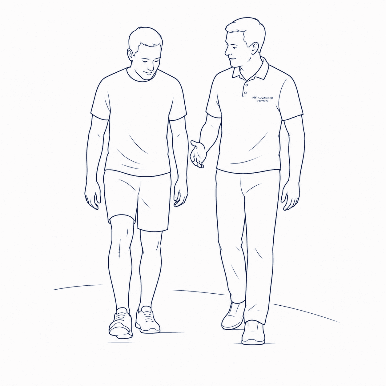 Line illustration of a physiotherapist walking alongside a patient recovering from knee surgery
