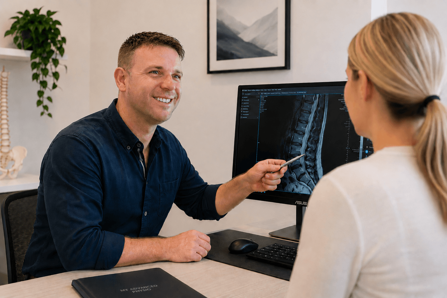 Matthew Yeates explaining a spinal X-ray to a patient during a consultation