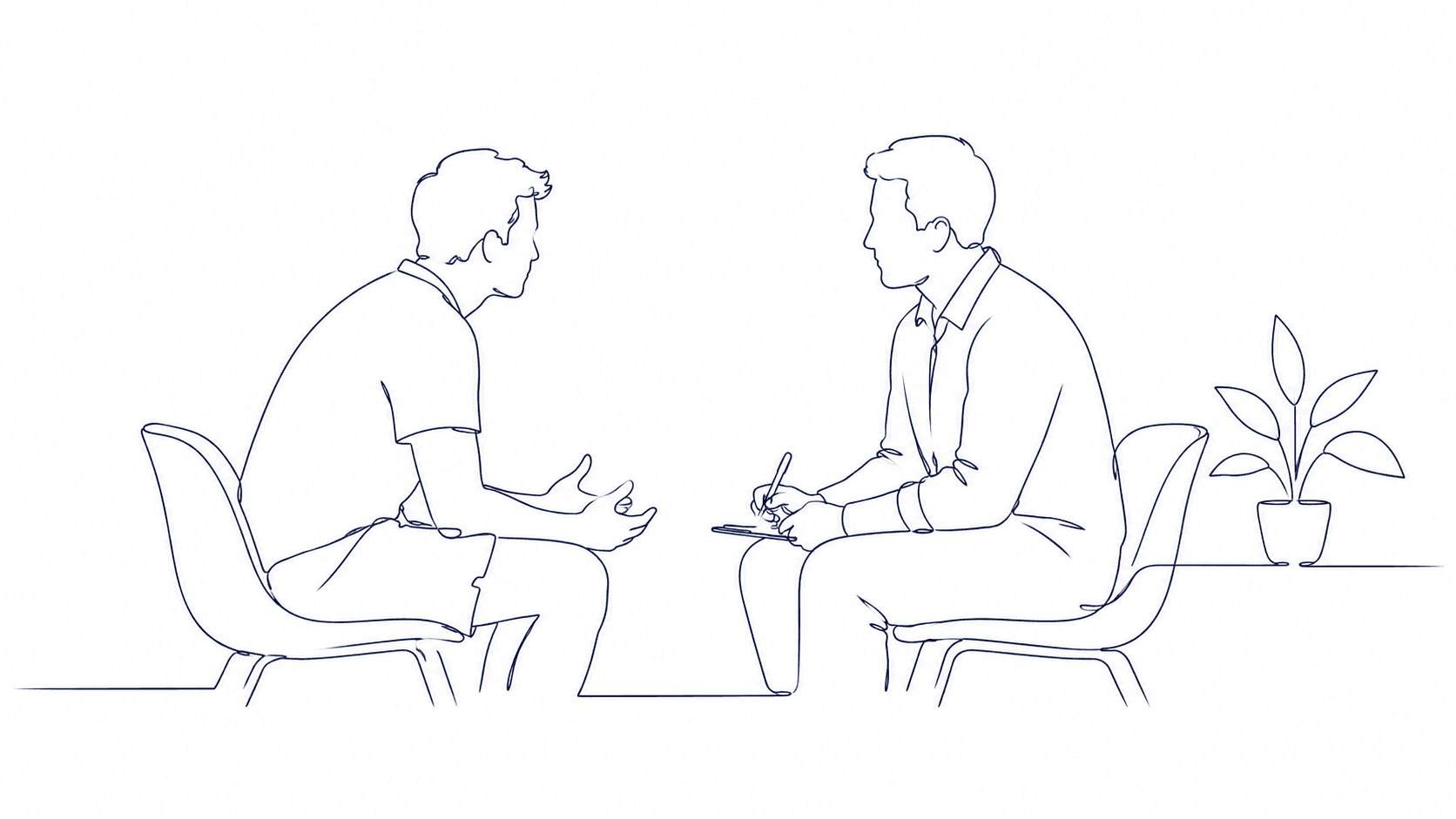 Line illustration of a physiotherapist listening to a patient during a consultation