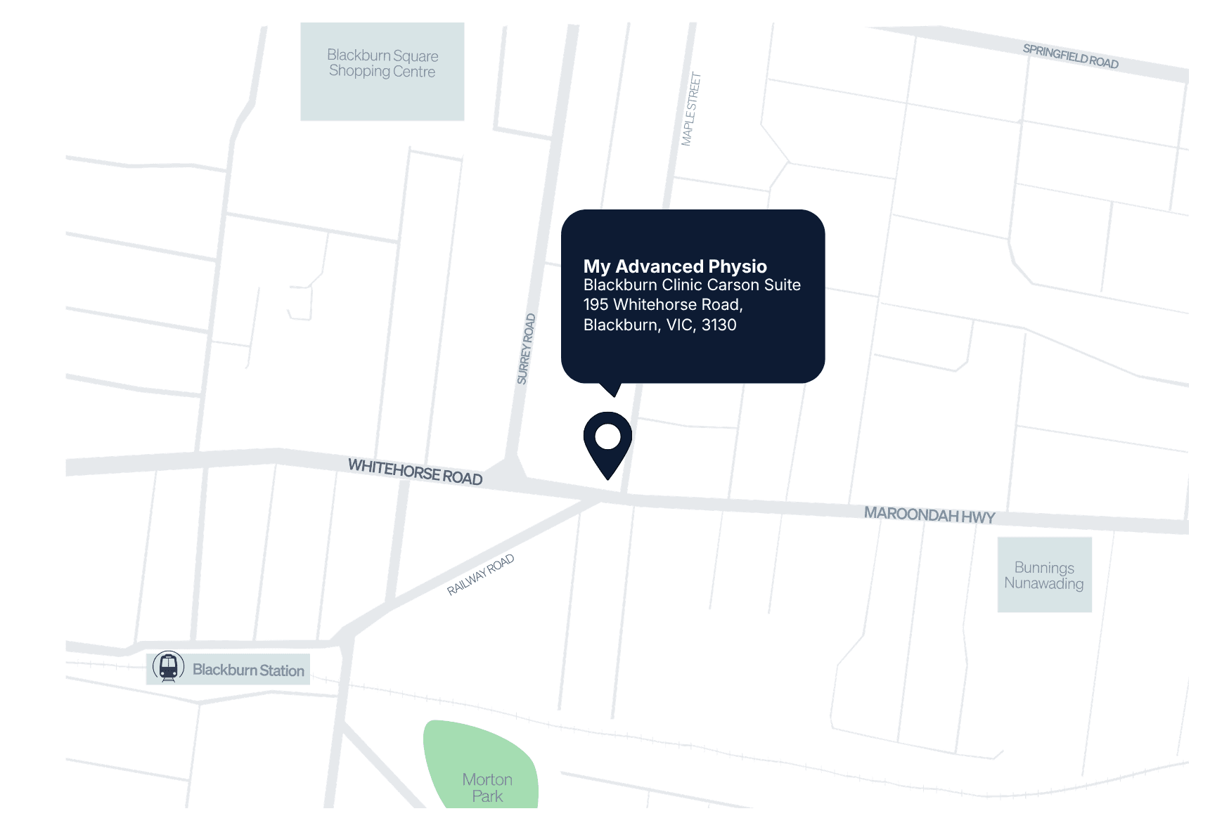 Map showing My Advanced Physio's location on Whitehorse Road at the corner of Surrey Road, Blackburn, near Blackburn Station, Blackburn Square Shopping Centre and Bunnings Nunawading