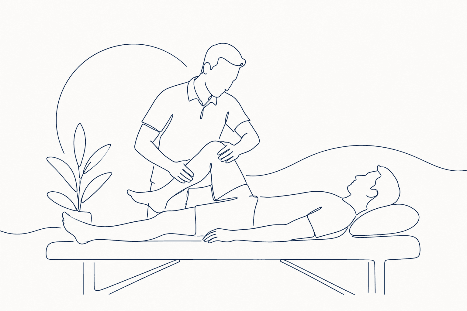 Line illustration of a physiotherapist assessing a patient's leg on a treatment table